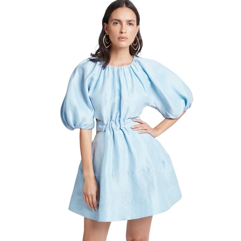 AJE Psychedelia Light Blue Puff Sleeve Cut-Out Pleated A-Line Mini Dress Size 8